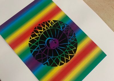 The children of 5rd primary have created individual geometric designs using a compass.  There are some incredible images.